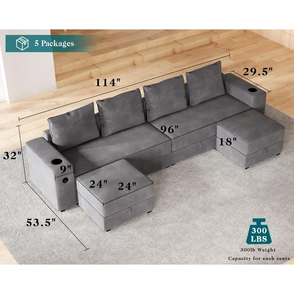 Sectional Sofa, 114 Inch Modular Sectional Sofa with 2 USB Ports & Cup Holders, 6 Seats U Shaped 4 Pieces Set Sectional Couch