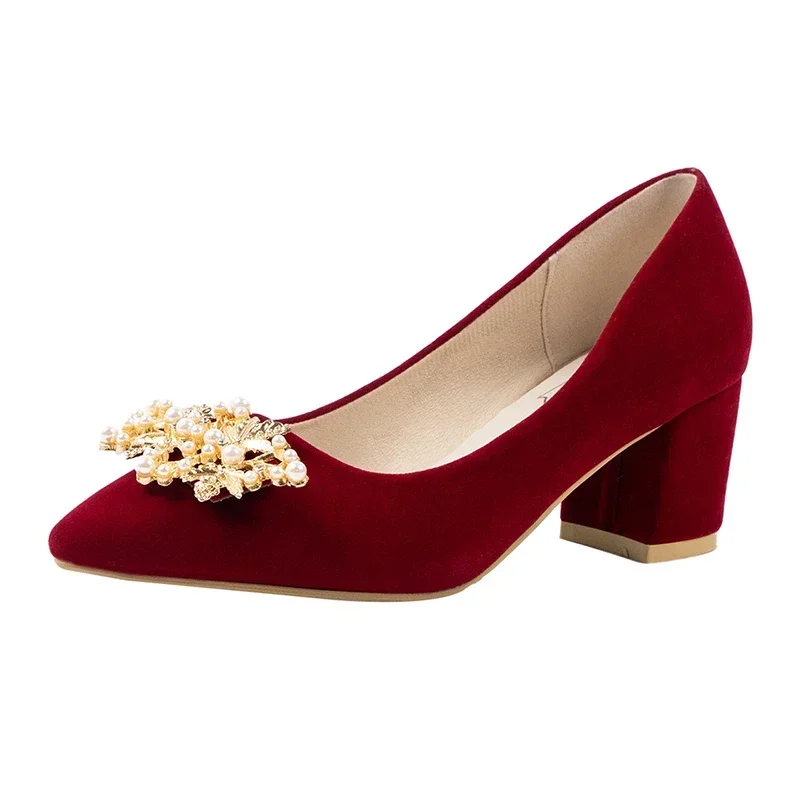 2024 New Spring Summer Autumn Wedding Shoes Women\'s Thick Heels Bride Red Suede Wedding Barefoot Shoes