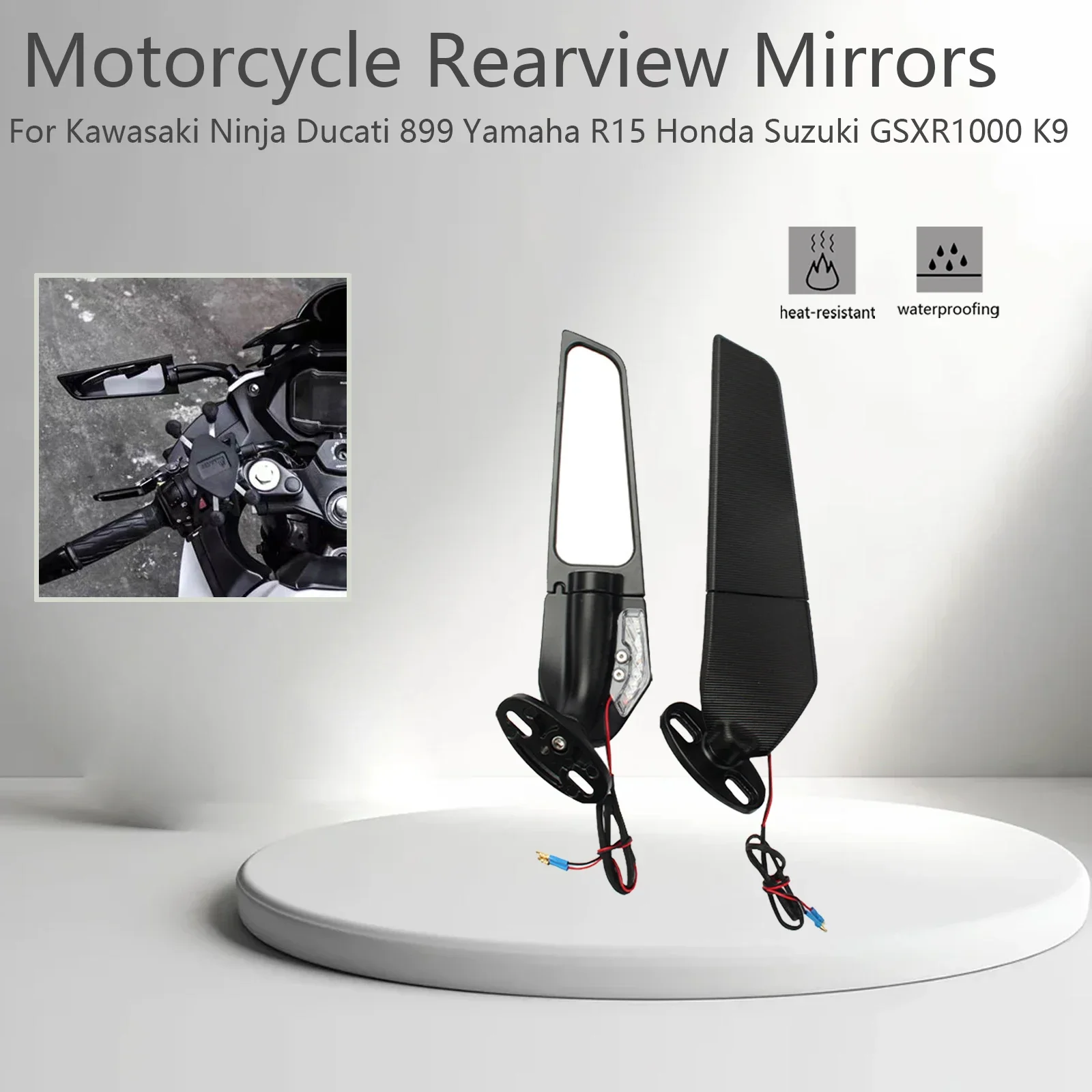 

For Kawasaki Ninja Ducati 899 Yamaha R15 Honda Suzuki GSXR1000 K9 Motorcycle Rearview Mirrors Wind Wing Adjustable Rotating