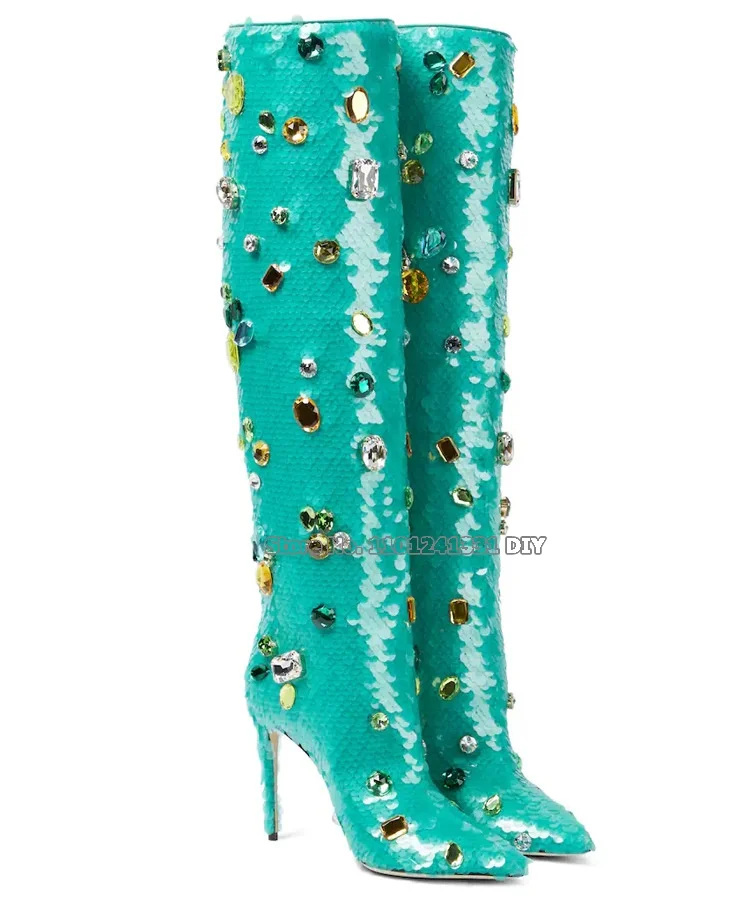 Botas hasta la rodilla de tacón alto con decoración de piedras preciosas coloridas para mujer, Bota larga femenina de tacón alto fino verde turquesa con punta puntiaguda