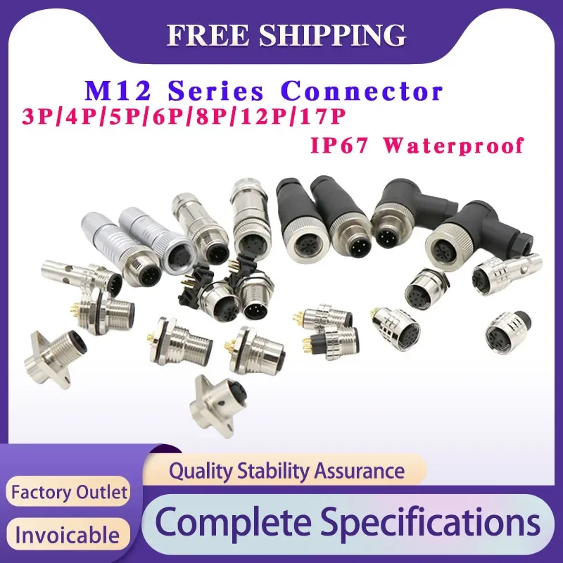 

5/20 PCS M12 Series Straight/Curved/Flange Male And Female Plug Socket PCB Sensor Solderless Connector 3/4/5/6/8/12/17 PIN IP67