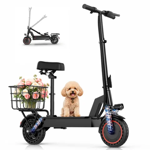500W Electric Scooter with Seat and Basket, Front Suspension 22 MPH & 21 Miles Range, 10 Inch Solid Tires, Foldable Commuter E-Scooter with LCD Display, Dual Braking