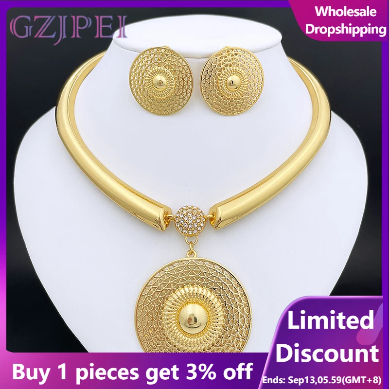 Women Necklace Earrings Set 18K Gold Plated Dubai  Fashion Jewelry Nigeria Bride Jewelry Wedding Party Gifts