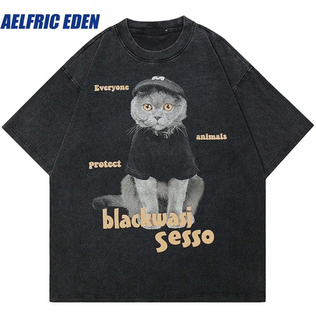 

Asian size Hip Hop Retro Washed Black T-Shirt Streetwear Animal Cats Vintage Graphic T Shirt Cotton Unisex Tshirt Men Tops Tee