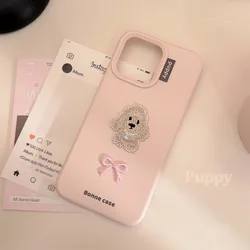 Pink puppy bow tie poodle dog Embroidery art Phone Case For iPhone 17 16 15 14 13 12 Pro Max Case Cute Sweet Cartoon Soft Cover