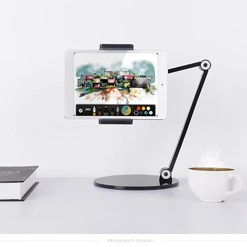 AP-7L 4.7"-12.9" Tablet Mount phone clamp holder desk table top aluminum thick base strong full motion rotate extendable arm