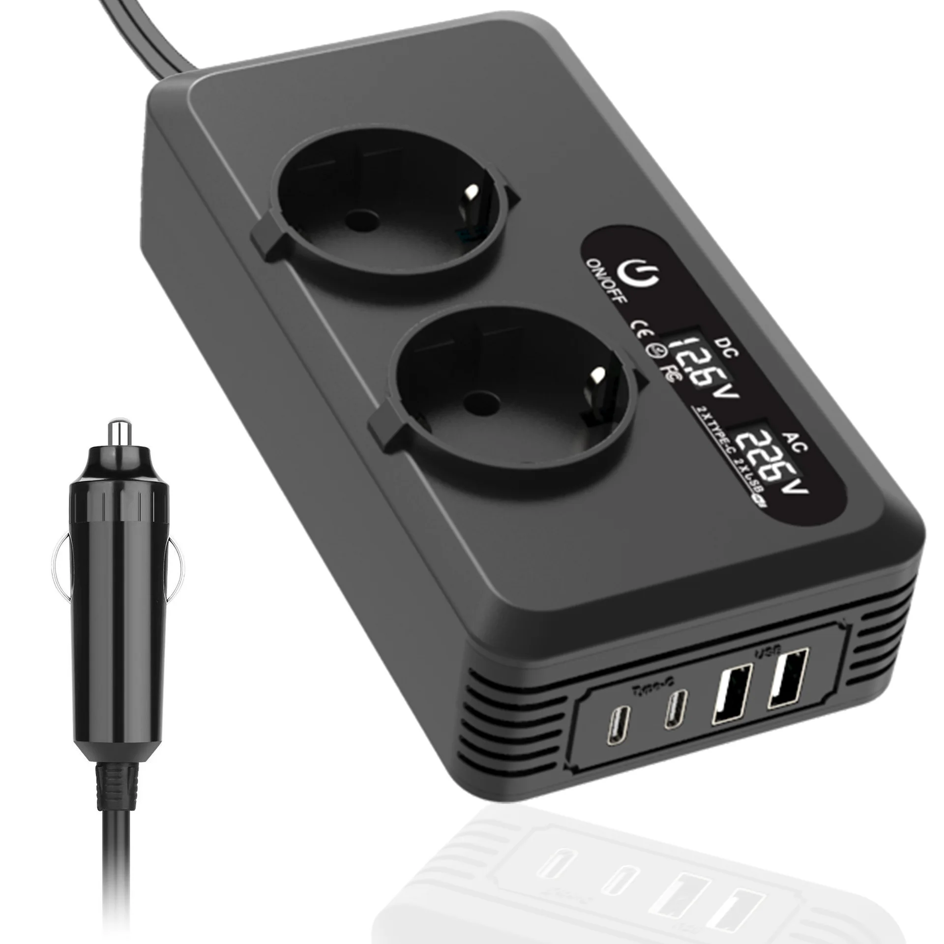 

200W Inverter Converts 12V To 220V LED Voltage Display Dual USB Type-C Charger Inverters & Converters