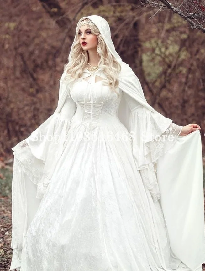 Vintage Medieval Wedding White Queen Evening Dresses Chapel Skirt Fairy Long Sleeve Applique Civil War Women's Party Customised