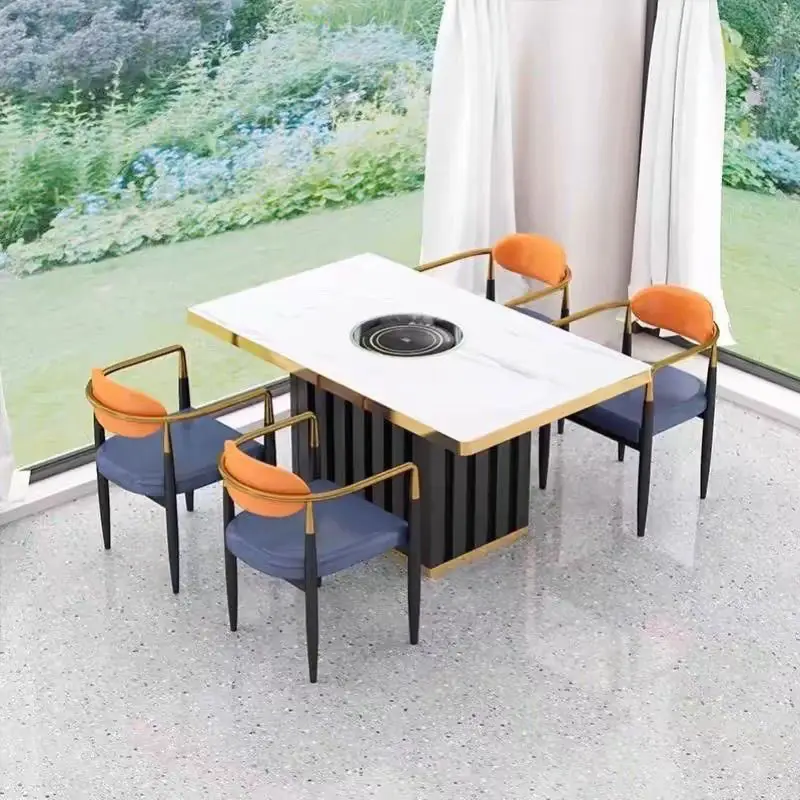 Phnom Penh rock slab marble hot pot table induction cooker commercial integrated smokeless barbecue table chair sofa card seat