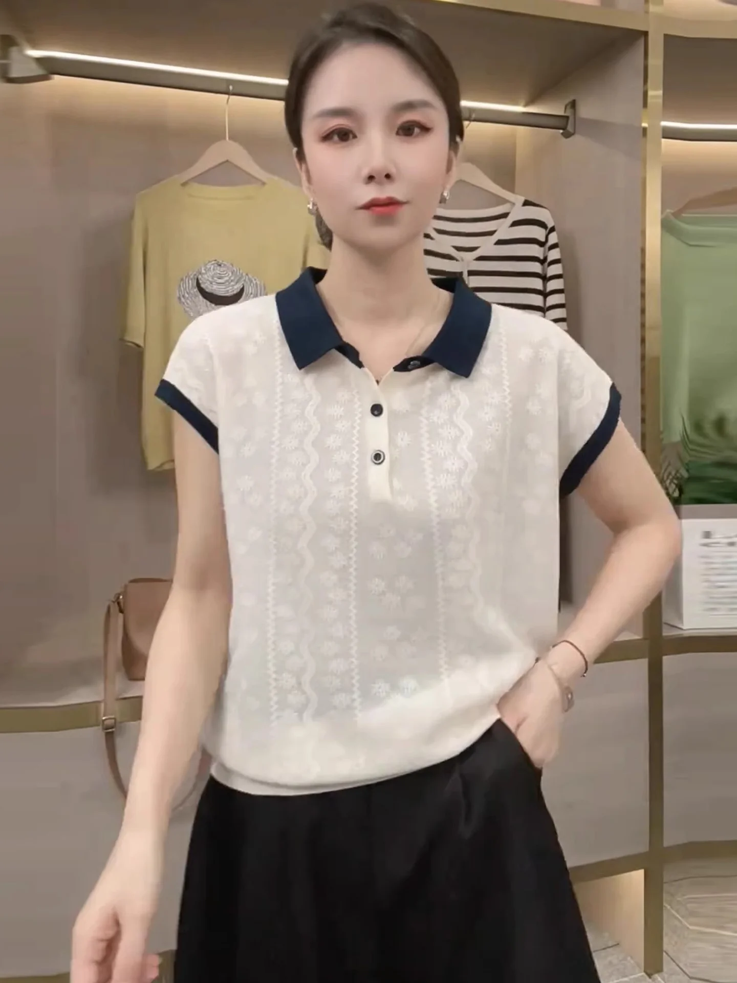 

Вязаный топ свободного кроя с отложным воротником и коротким рукавом, летняя модная футболка для создания молодежного образа