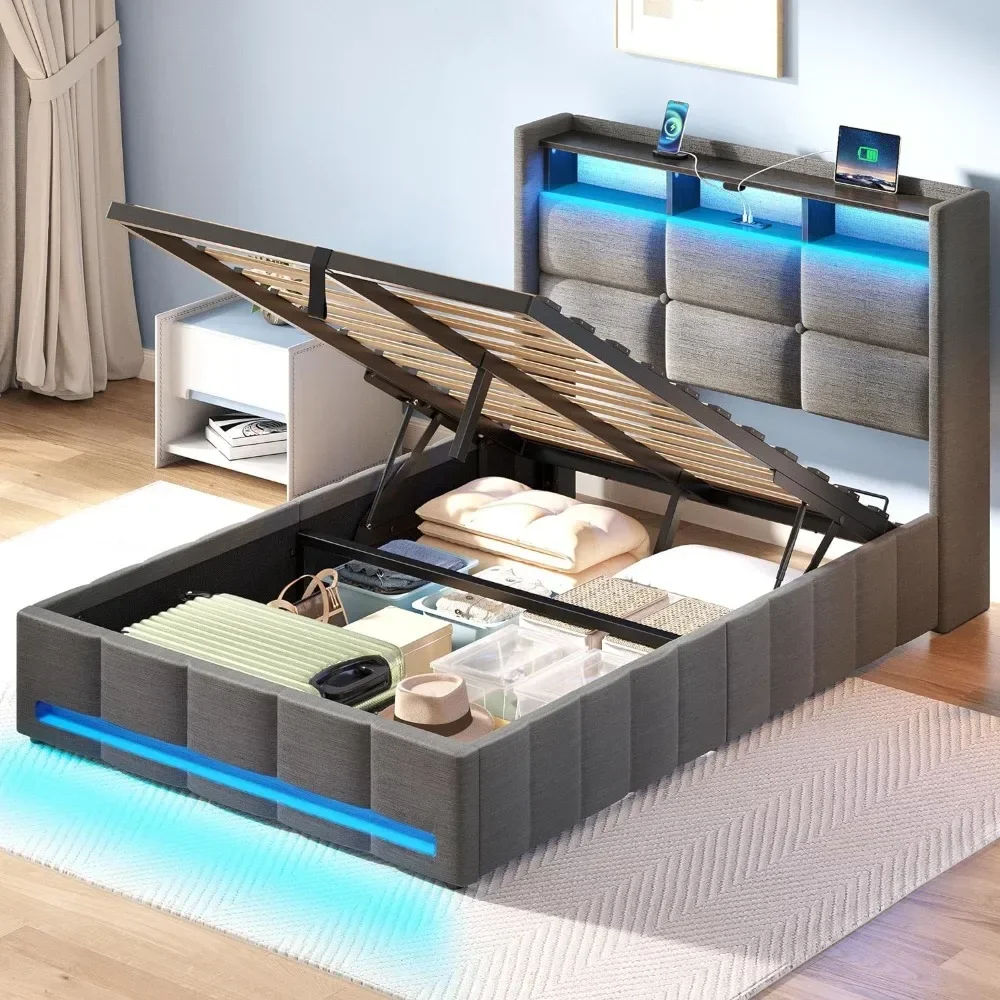 Cama com Lift Up Storage, Estação de Carregamento e Luzes LED, Estofados Armazenamento Cabeceira, Heavy Duty Ripas De Madeira, Twin, Completo, Queen