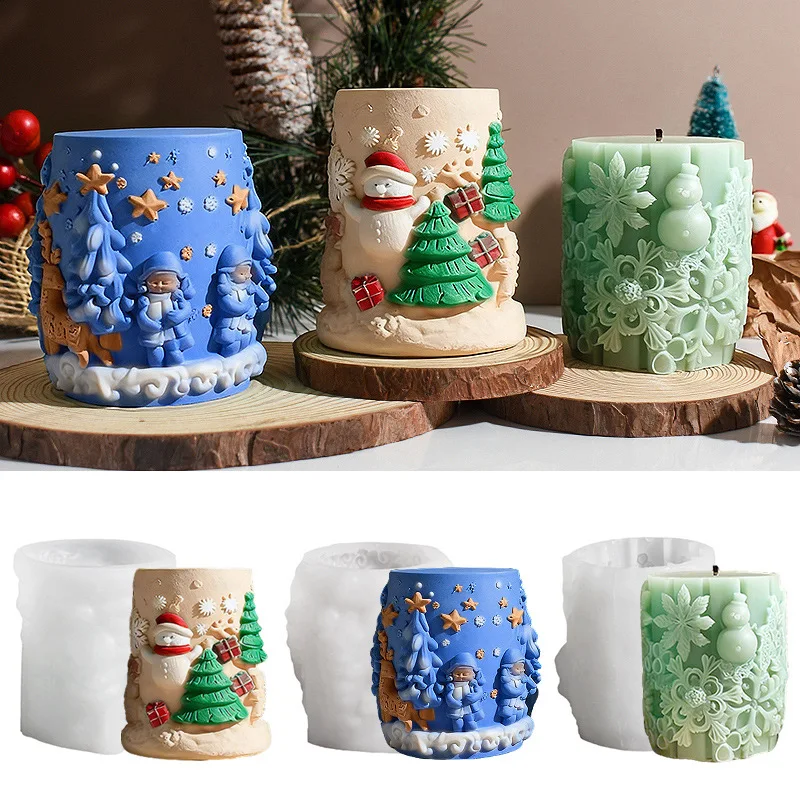 

Christmas Tree Snowman Reindeer Relief Candle Mold for DIY Scented Pillar Candles & Epoxy Snowflake Column Decor