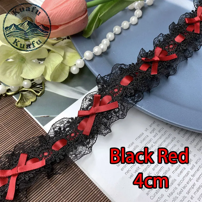 1 Yard Lolita Spitzenband mit Schleife, Plissee-Spitzenstoff, Rüschenband für DIY-Bastelarbeiten, Nähen, Kleider und Kleidungszubehör