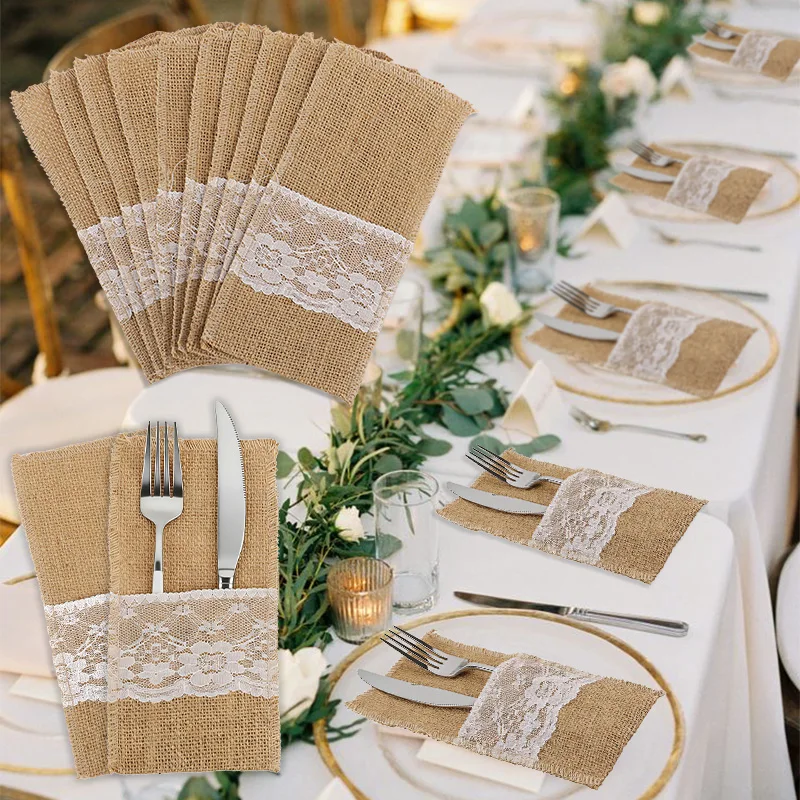 

10/20/30pcs Rustic Burlap Cutlery Holders Knifes Forks Bags Bag for Wedding, Birthday Party,Christmas Home Table Decoration