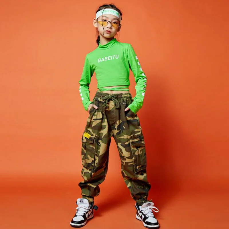 Kids Hip Hop Clothing Teenage Outfits Green Crop Sweatshrit Casual Street Camo Cargo Pants for Girls Jazz Dance Costume Clothes