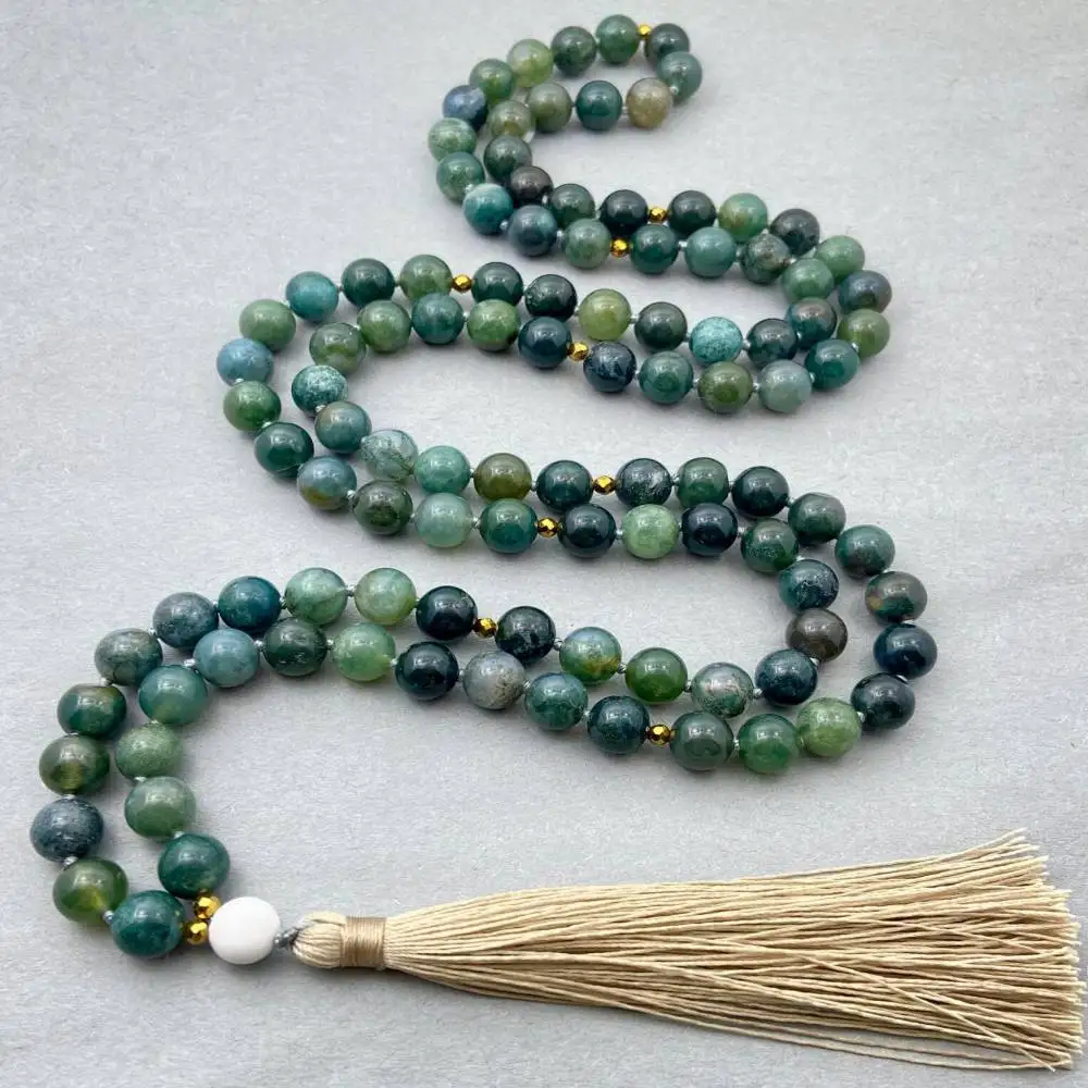 

Natural Green Moss Agate/Indian Agate 108 Mala Beads Necklace with Beige Tassel Growth & Calming Healing Crystal Jewelry