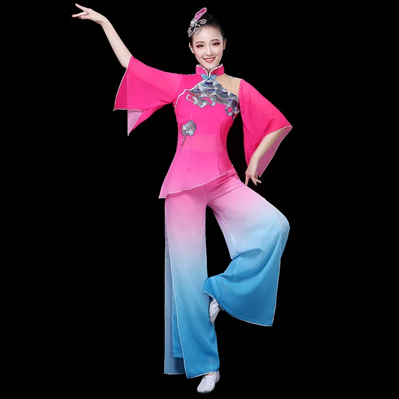 Estilo chinês guarda-chuva étnico dança yangko trajes de dança clássica elegante fã dança traje hanfu roupas desempenho palco