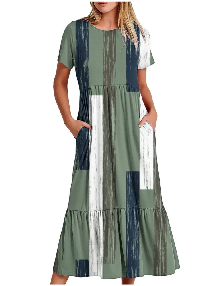 

Vestidos For Women's New Gradient Printing Commuting Pockets Loose Waist Short Sleeve O-neck Female's Long Dresses 2024 Summer