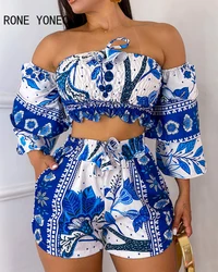 Women Allover Print Off Shoulder Half Long Sleeves Crop Tops & Drawstring Bottom Sexy Short Sets