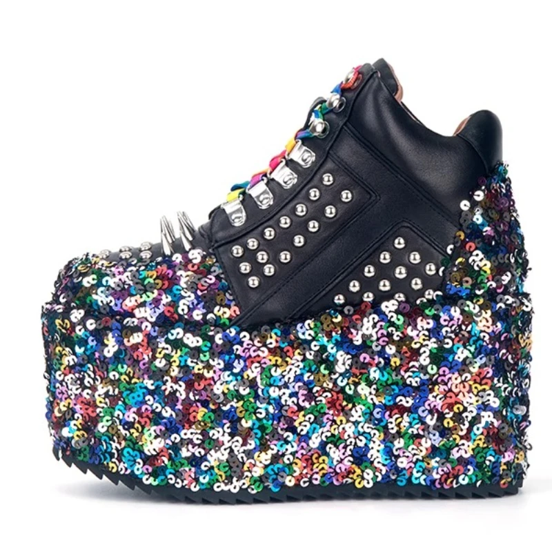 Europe/American Street Cool Sponge Cake Shoes for Women's 10cm Leather Splicing Sequin Design Thick Sole Height Increasing Shoes