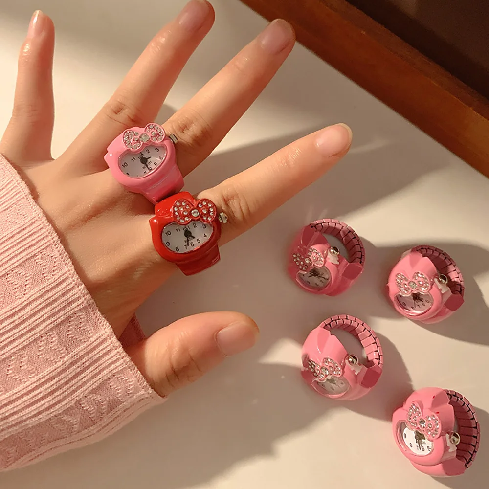 

Sanrio Kawaii Hello Kitty Watch Ring Bow Rhinestone Clock Ring Watches Fashion Accessories Jewelry Water Diamond Kids Toys Gifts