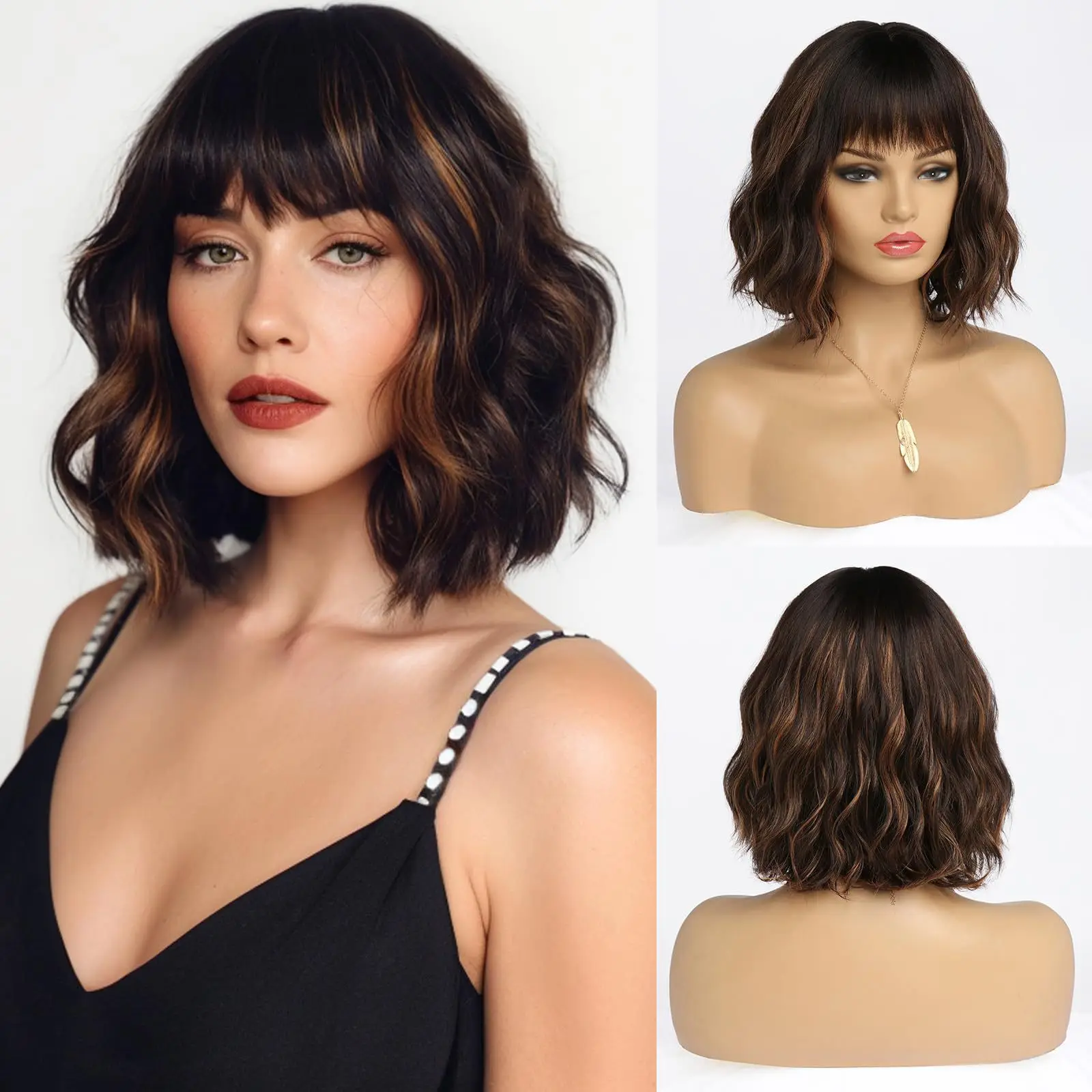 

European and American Women's Bob Cut Bangs Multicolor Water Wave Short Curly Hair Synthetic High-Temperature Fiber Wig