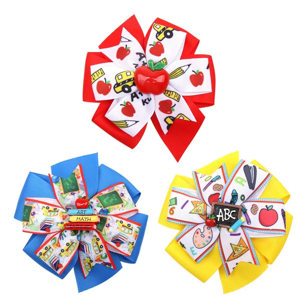 

Back To School Bow Hair Clips Apple Book Blackboard School Bus Circle Hair Bow Barrette Grosgrain Alligator Clips Kindergarten