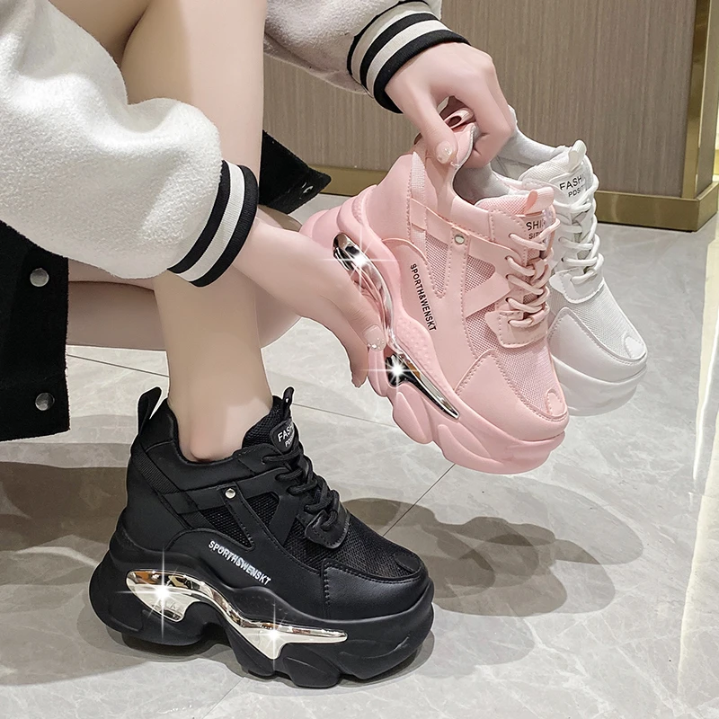 Ulzzang-Zapatillas deportivas con plataforma para mujer, zapatos informales de malla transpirable con suela gruesa, tacones altos de 11CM, 2023