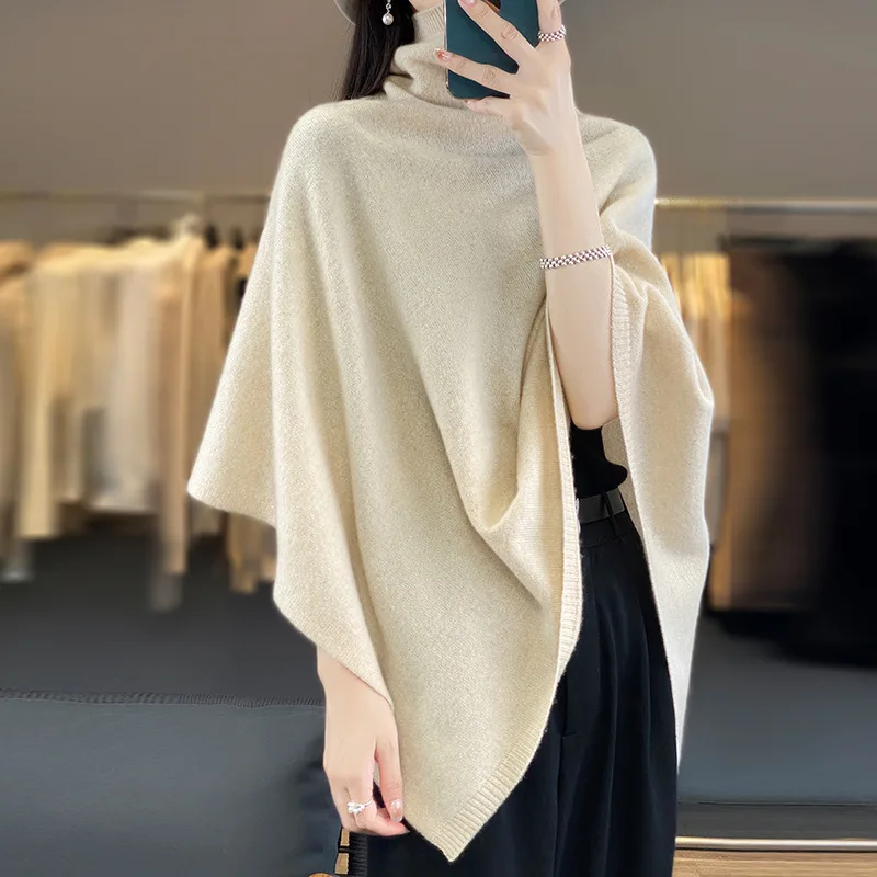 New Autumn and Winter 100% Wool Pile Collar Large Shawl for Women Pure Color Asymmetrical Versatile Knitted Cape with Cape