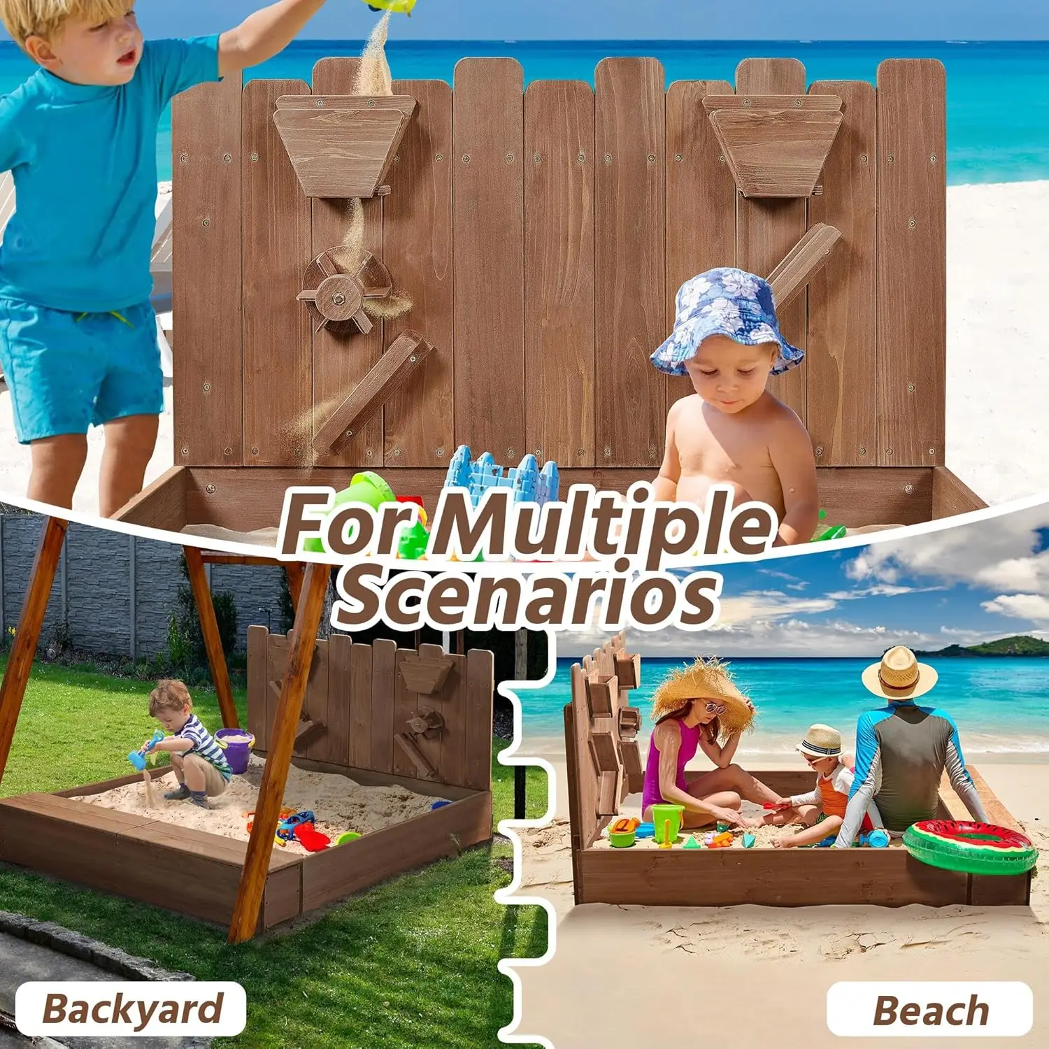 53x44.5in Wood Sand Box for Kids Ages 3-8, Sandboxes for Backyard Patio Garden Beach Outdoor Play Use, w/Fabric Liner Funnel Chu