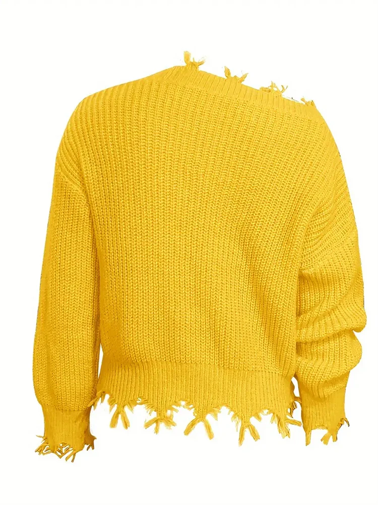 سترة نسائية بمقاس كبير بلون سادة وأكمام طويلة، سترة محبوكة مريحة مع رقبة مائلة لخريف وشتاء