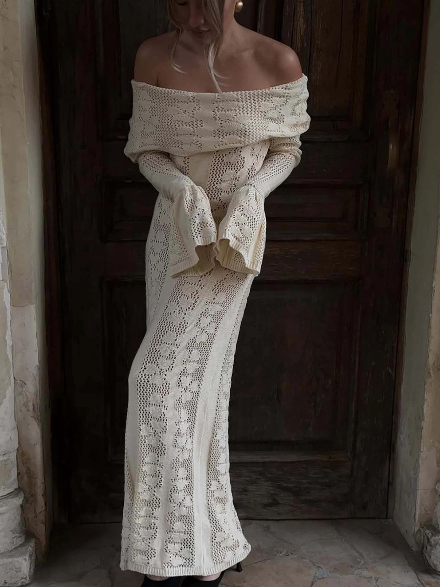 

Off Shoulder Knitted Slim Long Dress Women Strapless Long Sleeve Hollow Out Maxi Dresses Summer Elegant Fashion Holiday Vestidos