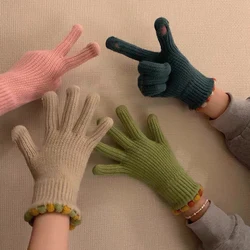 Guantes de lana de punto para mujer, manoplas de invierno para mantener el calor, pantalla táctil, guantes gruesos de dedo dividido, guantes de lana de dedo completo