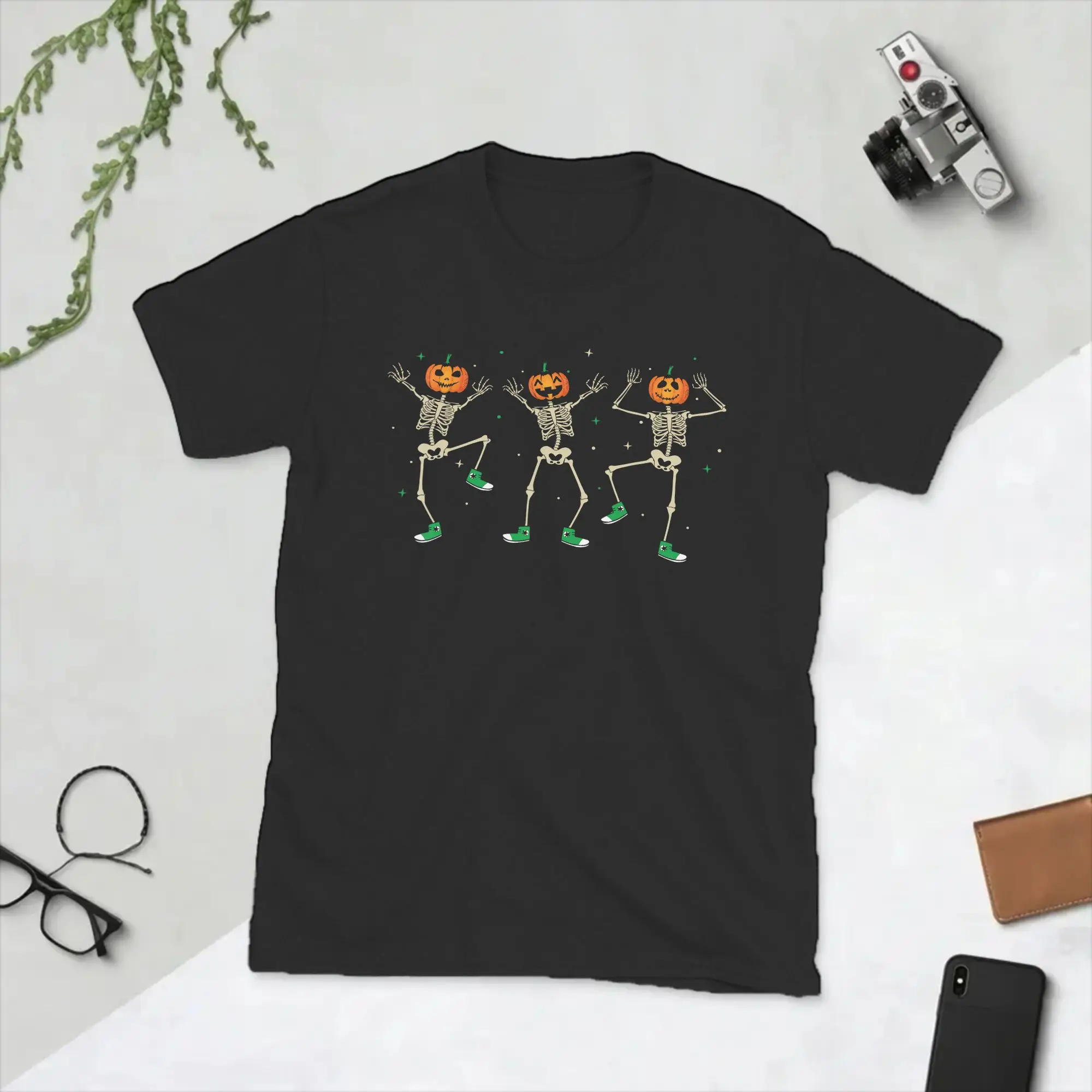 Dancing Pumpkin Head Skeletons in Cool Sneakers Halloween T-Shirts Men Funny 100% Cotton Tee Shirt Round Collar T Shirt Tops
