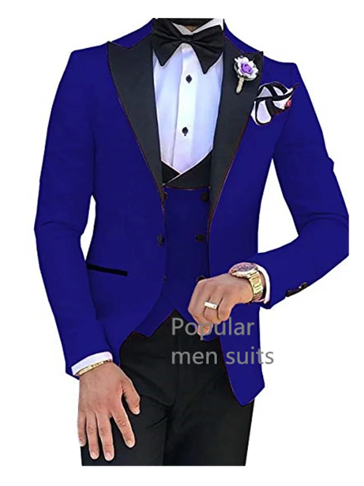 New Men Casual Boutique Business Slim Solid Color Formal Suit 3 Pcs Set Dress Peak Lapel One Button Blazers Jacket Pants