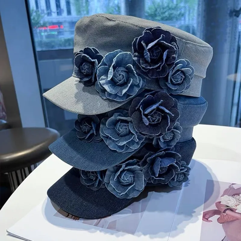 Luxury Brand Designer Jean Camellia Flowers Embellished Bakerboy Hat Women Classy Washed Denim Flat Military Newsboy Cap