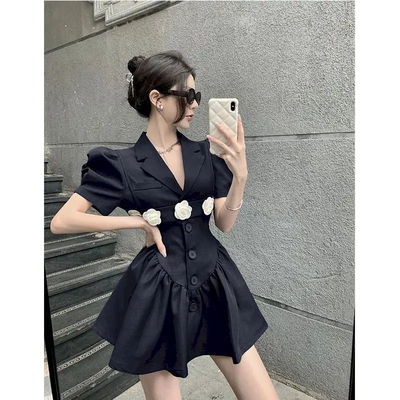 Mini Dress Women Fashion Puff Sleeve Notched Fluffy Dresses 2024 Summer New Trend Design Playsuits Flower Strap Two Piece Set