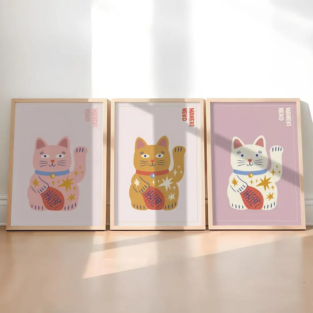 Lucky Cat Maneki Neko Retro Japanese Poster Woffity Simple Frameless Wall Sticker For Home Living Room Bathroom Decoration