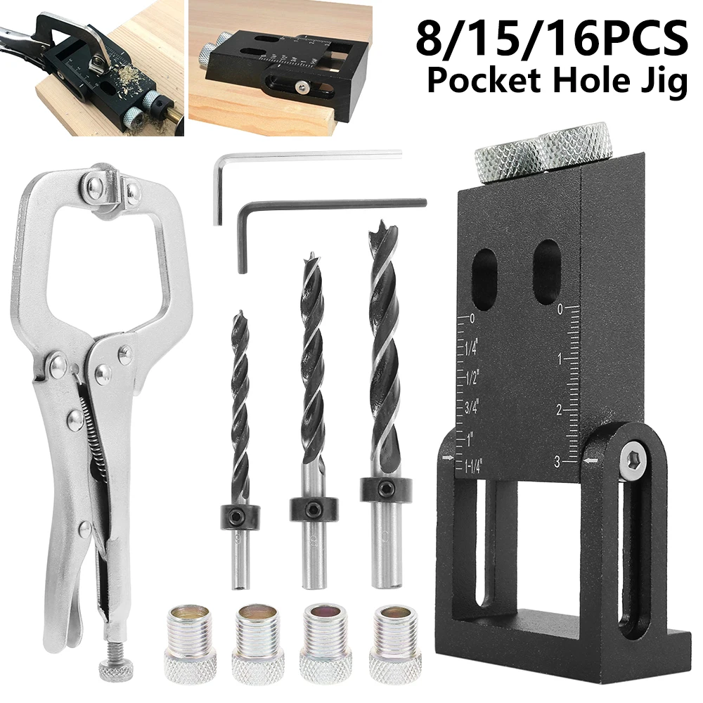 8/15/16pcs Pocket Hole Jig Kit 6/8 /10mm 15 Degree Angle Drill Guide Set Woodworking Hole Puncher Locator Jig Drill Bit Puncher