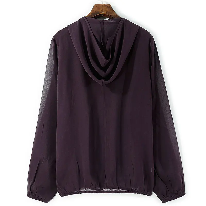 Mist Coffee Purple 100% Natural Mulberry Silk Georgette Women's Casual Hooded T-shirt Beach Long Sleeved Sunscreen Clothing