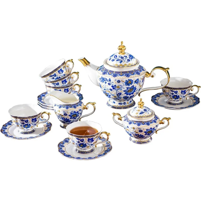 Imagem -03 - Conjunto de Chá Bone China para Adultos Porcelana Azul e Branca Conjuntos de Chá Vintage para Mulheres Festa ou Presente Presente para Dar 6