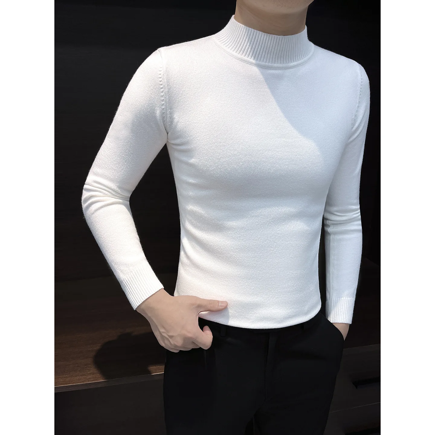 

Мужская трикотажная футболка с длинным рукавом и высоким воротником, повседневная, из комфортной дышащей ткани, однотонная.