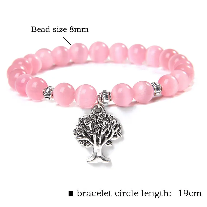 Tree of Life Charm Bracelet Cat Eye Moonlight Stone Beads Elastic Bracelets For Women Men Moonstone Bangle Wrist Jewelry Pulsera