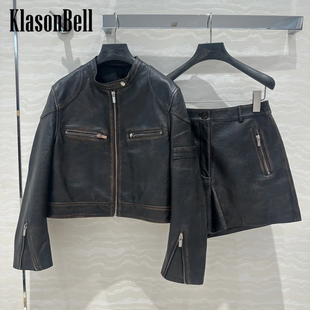 8.18 KlonasBell Women Distressed Design Moto Biker Sheepskin Stand Collar Short Jacket Or Side Zipper High Waist Shorts Set