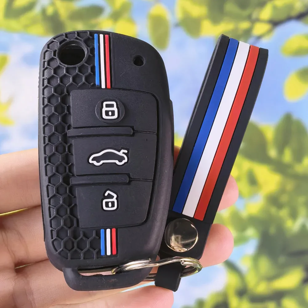 Durable Honeycomb Silicone Protector With Keychain for Audi A4 B7 A6 C6 4F 8V A3 8P A1 A3 3‑Button Flip Remote Key Holder
