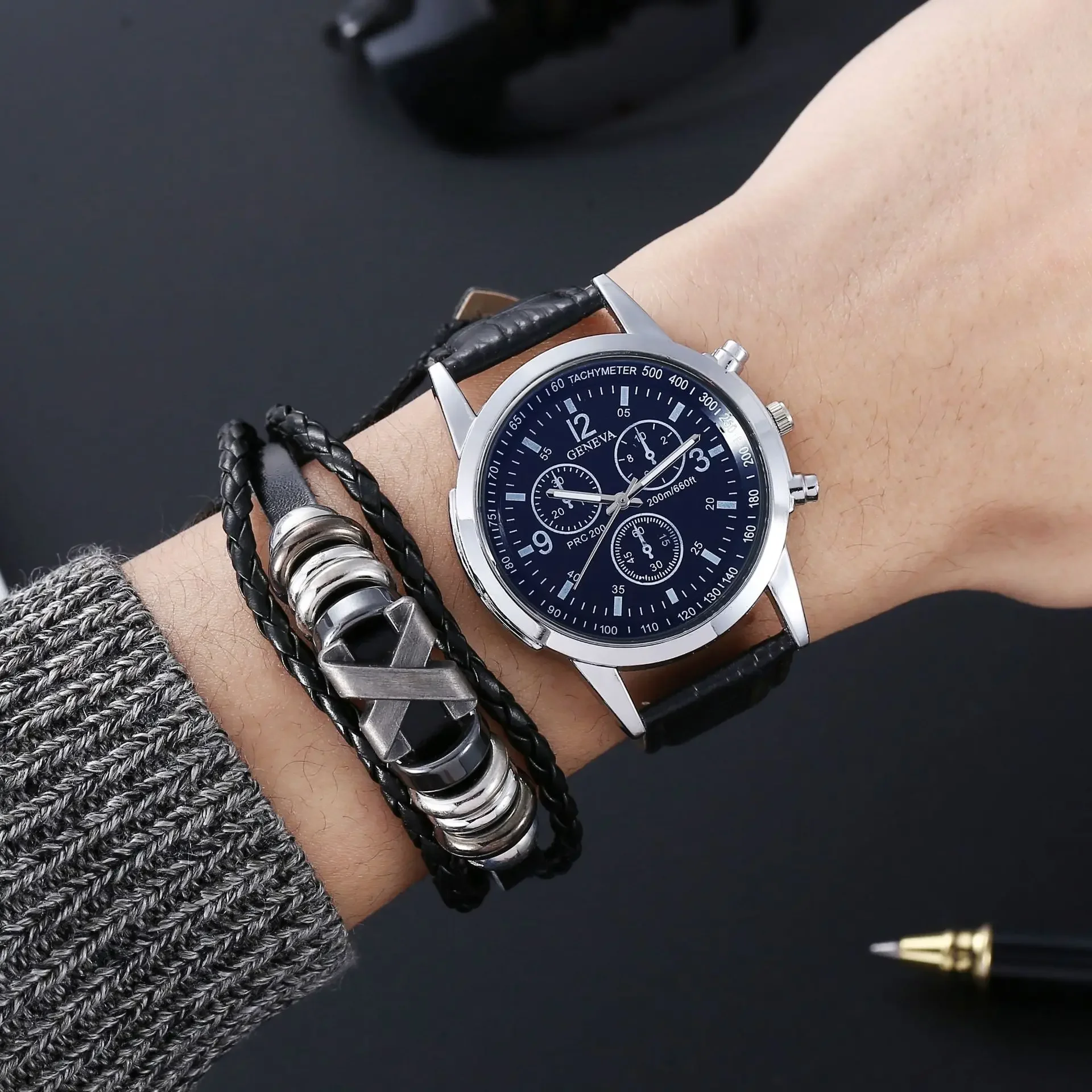 3pcs/set Men Women Leather Strap Digital Watch Luxury Six Pin Men's Watch Blue Glass Belt Business Watch Casual Relogio Feminino