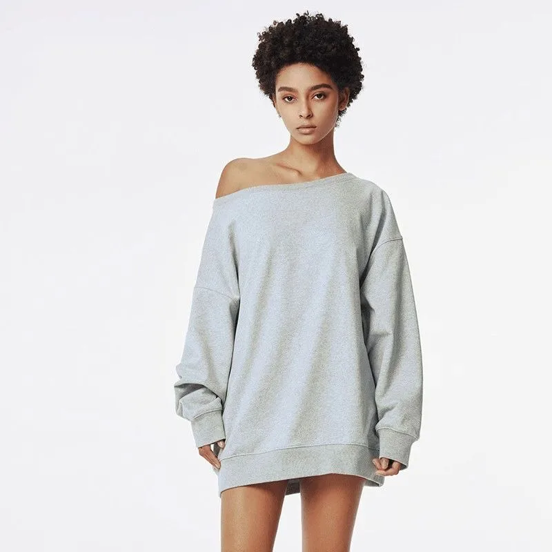 American Off-shoulder Off-shoulder Sweatshirt, Loose and Versatile Solid Color Pullover Fashionable Casual Top