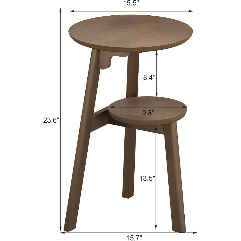 Round End Table for Small Spaces, Narrow Side Table, Accent Table Night Stand with 2 Tier Shelf for Bedroom and Living Room,