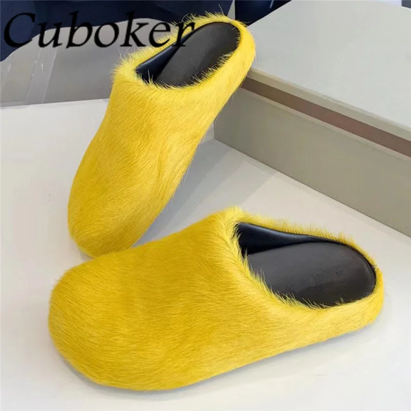 Hot Sale Luxury Horse Hair Rose Red Hairy Ladies mules Winter Home Slippers Woman\'s flat Mules Men\'s slippers Brand Fur Slides