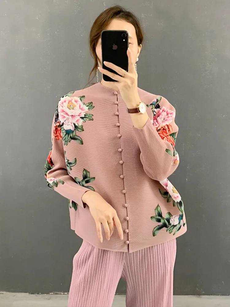 LANMREM Pleated Shirt Top 2024 Spring And Summer New Thin Single Breasted Long Sleeve Printed Shirts Women Elegant 2M246